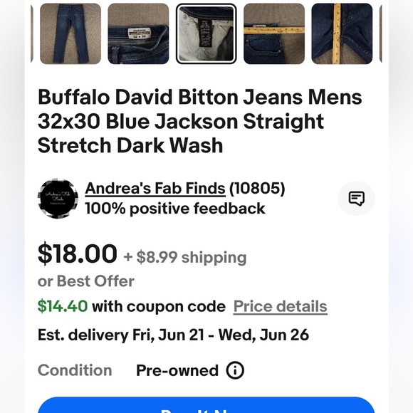 David Britton BUFFALO Dark Wash Denim 5PKT JACKSON Straight Jeans 38”X 30” - Picture 15 of 15